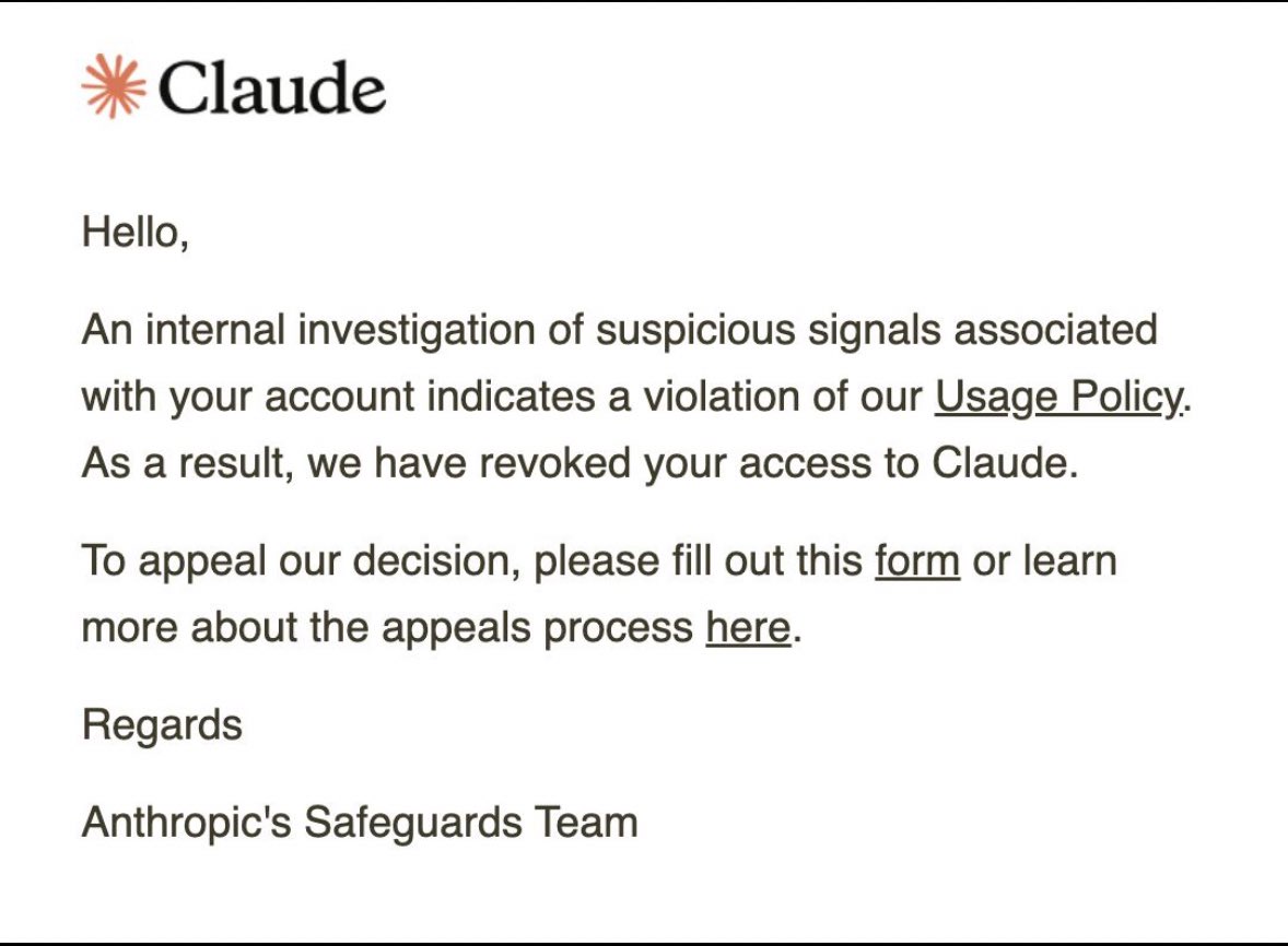 Account ban email from Anthropic